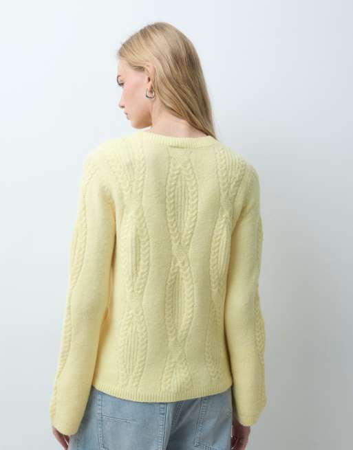 Pieces cable knit oversized jumper in pastel yellow, 2 of 4