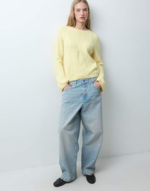 Pieces cable knit oversized jumper in pastel yellow, 3 of 4