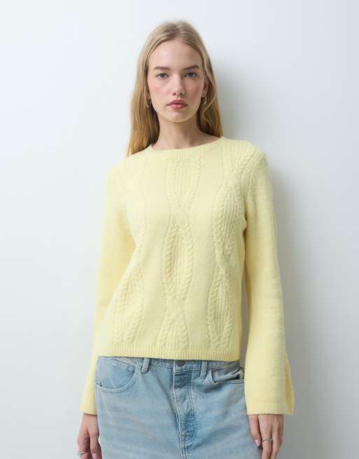 Pieces cable knit oversized jumper in pastel yellow, 4 of 4