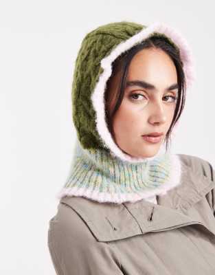 Pieces Cable Knit Ruffle Trim Knit Balaclava In Green