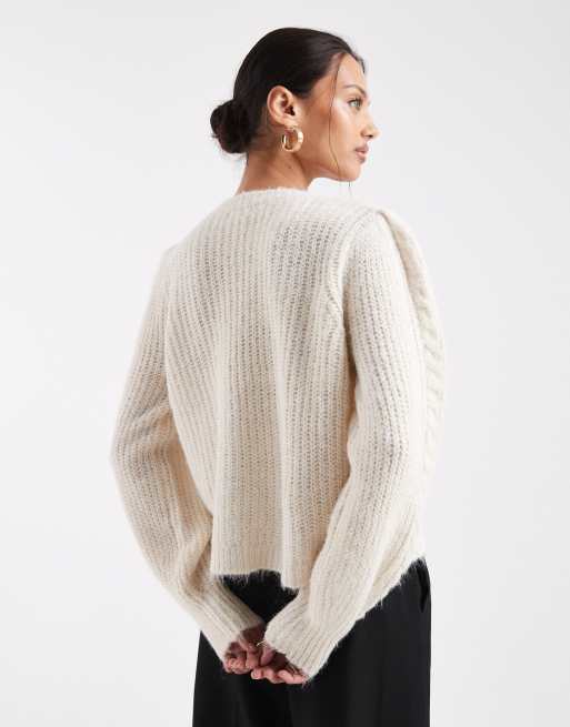Pieces cable knitted cardigan with constrast bow ties in cream, 3 of 4