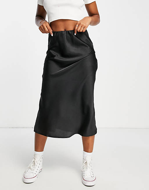 Black Satin Tie Waist Midi Skirt | mail.napmexico.com.mx