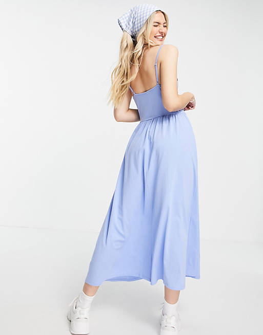 Dresses Pieces cami shirred maxi dress in blue 