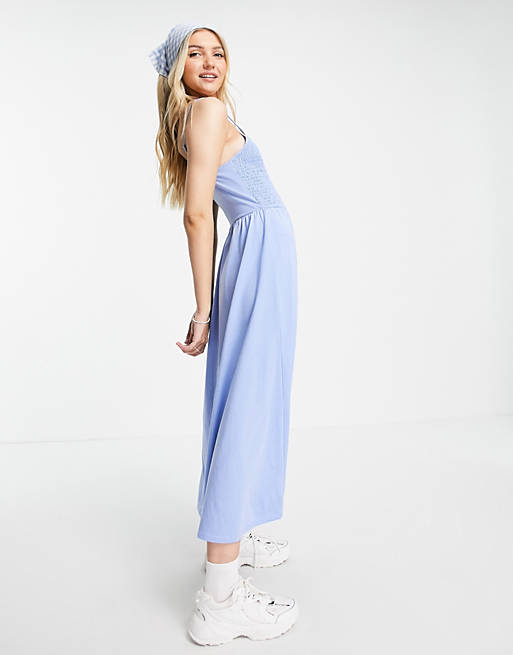 Dresses Pieces cami shirred maxi dress in blue 