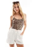 [Pieces] Pieces cami strap thong bodysuit in leopard print-Multi S Black leo