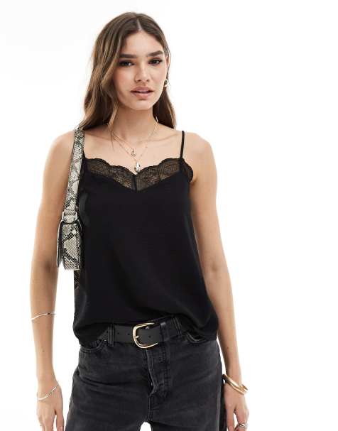 Pieces cami top with lace trim detail in black - view 1