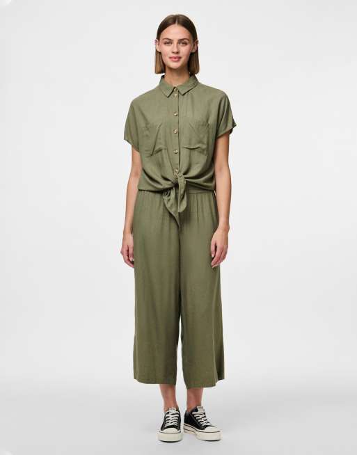 Pieces - Camicia a maniche corte verde lichene scuro
