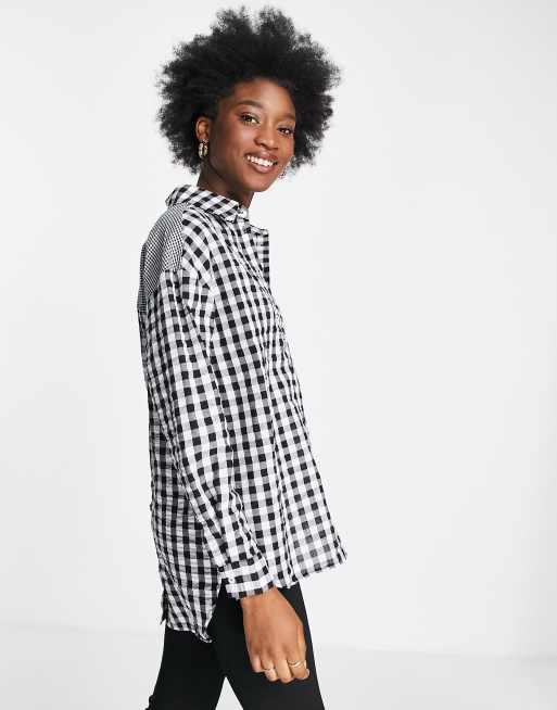 Pieces - Camicia a maniche lunghe a quadri misti, colore nero e bianco