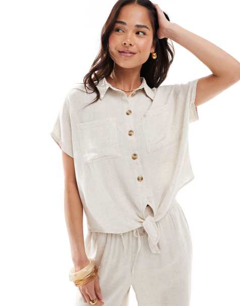 Pieces - Camicia color crema allacciata sul davanti in misto lino in coordinato - view 1