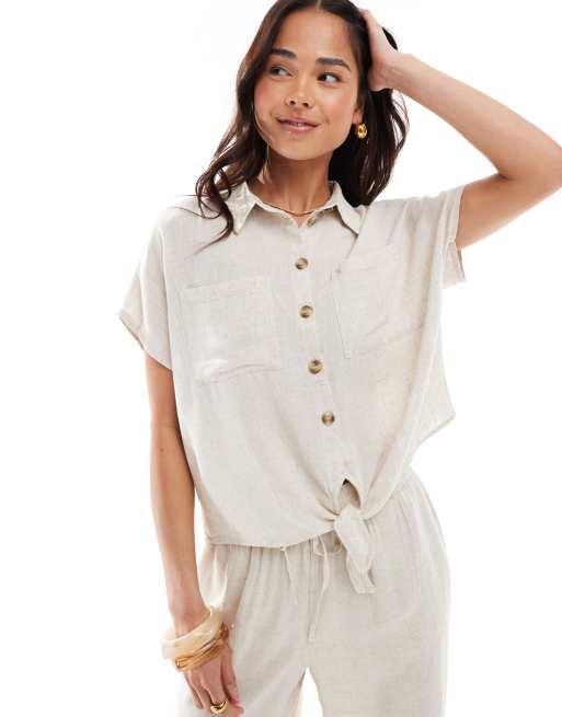 Pieces - Camicia color crema allacciata sul davanti in misto lino in coordinato