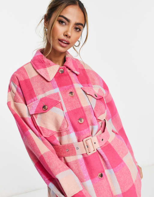 PIECES - Camicia giacca rosa a quadri con cintura in vita