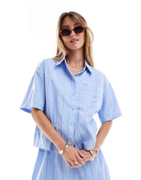 Pieces - Camicia in cotone blu a righe in coordinato - view 1