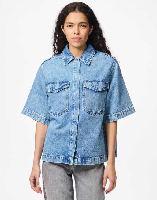 Pieces - Camicia in denim blu medio