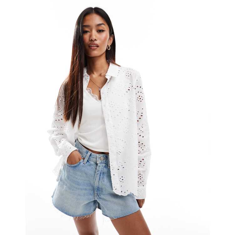 Pieces - Camicia bianca stretta in vita