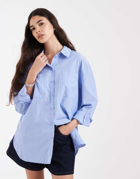 Pieces - Camicia oversize blu a righe bianche - view 1