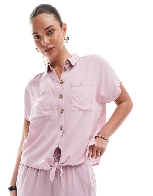Pieces - Camicia rosa allacciata sul davanti in misto lino in coordinato