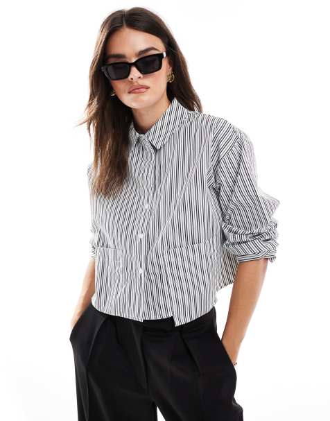 Pieces - Camicia squadrata taglio corto grigio antracite a righe con tasche - view 1