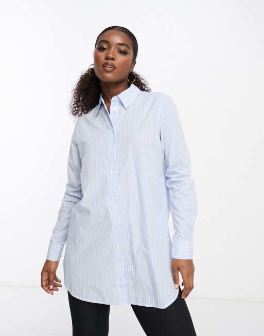 PIECES Camicia taglio lungo bianca e blu a righe ASOS