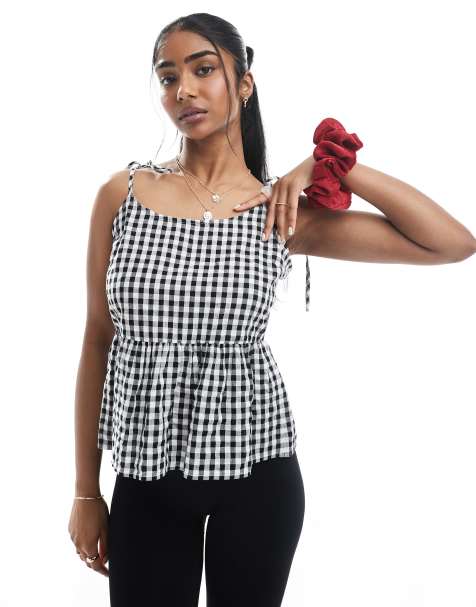 Pieces - Camisol med bindestropper og gingham-tern - view 1