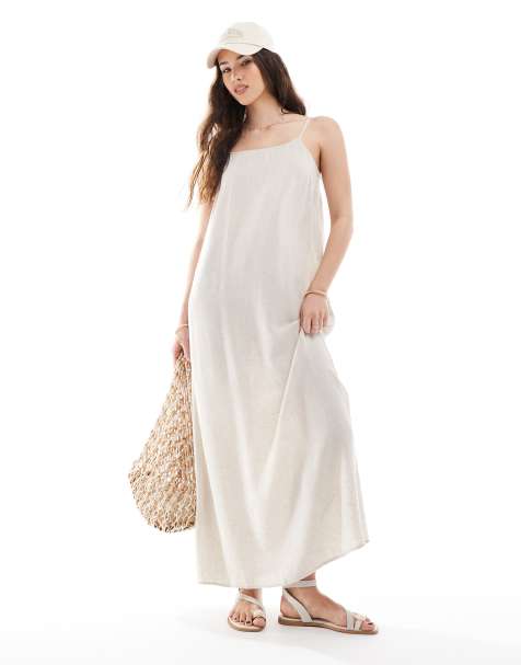 Pieces – Camisole-Maxikleid in Leinenoptik in Birken-Cremeweiß - view 1
