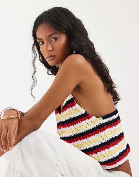Pieces – Camisole-Oberteil aus Häkelstrick mit buntem Retro-Streifenmuster - view 1