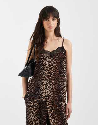 Pieces - Camisole-Oberteil mit Spitzenbesatz und Leopardenmuster, Kombiteil-Mehrfarbig