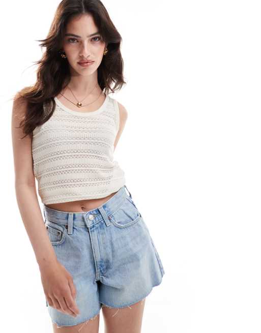 Pieces - Canotta color crema in pizzo con scollo a vogatore