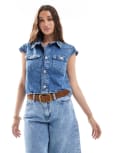 [Pieces] Pieces cap sleeve cropped denim top in medium blue denim XS Medium blue denim