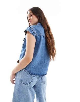 Pieces Cap Sleeve Cropped Denim Top