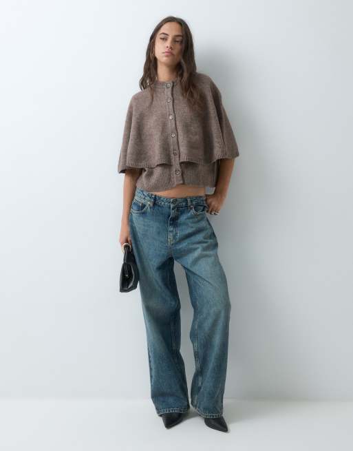 Pieces cape detail knitted cardigan in light brown melange, 2 of 5