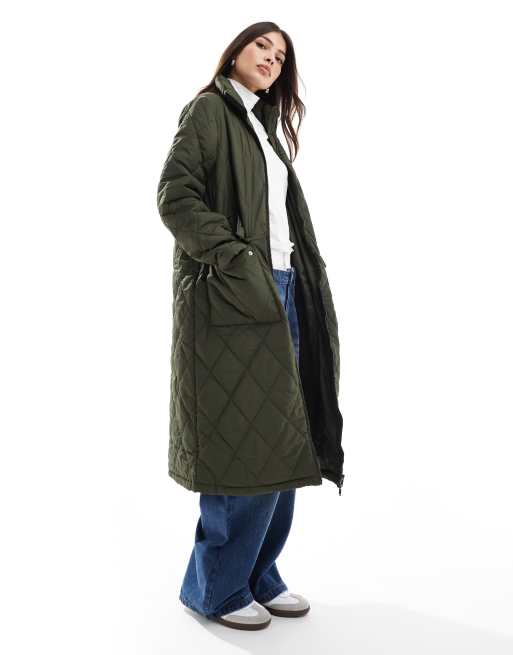 Pieces - Cappotto taglio lungo accollato verde kaki trapuntato