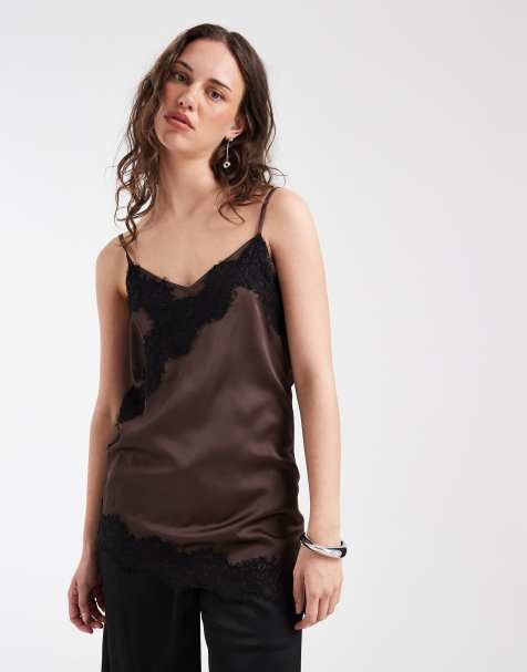 Pieces - Caraco asymétrique en satin bordé de dentelle - Marron chocolat - view 1