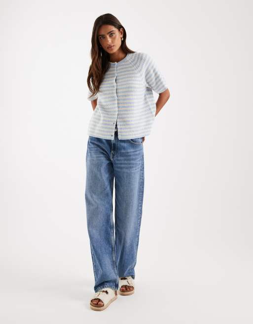 Pieces - Cardigan a maniche corte in maglia beige a righe, 4 di 4