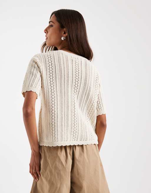 Pieces - Cardigan a maniche corte in maglia traforata color panna betulla, 2 di 4