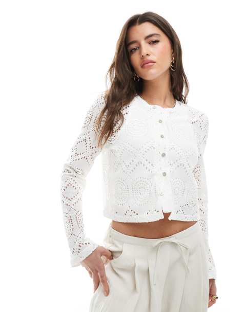 Pieces - Cardigan bianco in maglia con trama a rombi - view 1