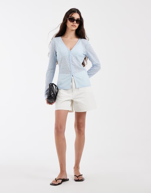 Pieces - Cardigan blu pallido a fiori dévoré con bottoni sul davanti, 2 di 4