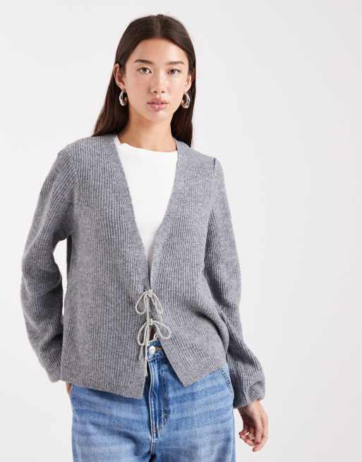 Pieces - Cardigan color grigio medio mélange con fiocchi decorati