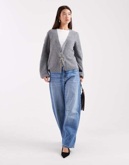 Pieces - Cardigan color grigio medio mélange con fiocchi decorati, 2 di 4