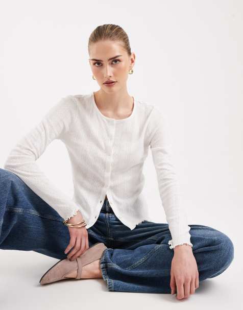 Pieces - Cardigan con bordi smerlati color cloud dancer - view 1