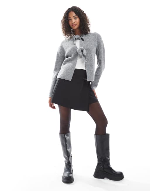 Pieces - Cardigan double-face grigio allacciato sul davanti, 4 di 4