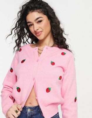 Pieces cardigan in pink strawberry print