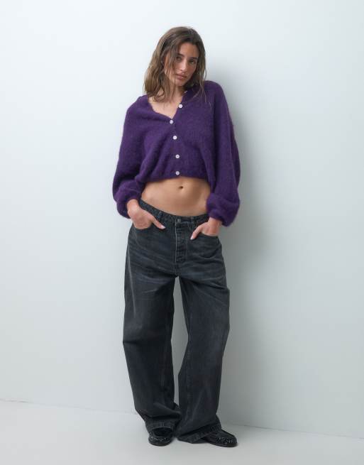 Pieces cardigan lavorato a maglia soffice e ampio in viola scuro, 3 di 4