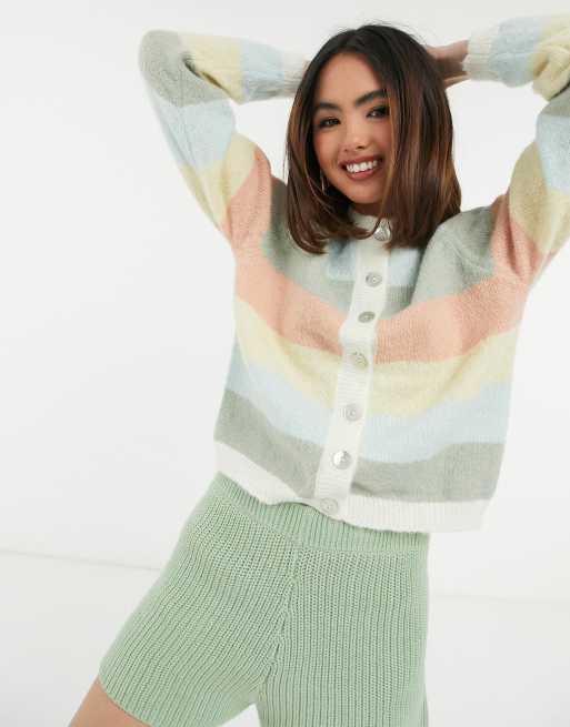 Pieces - Cardigan med pastelstriber og muslingeknapper i flere farver
