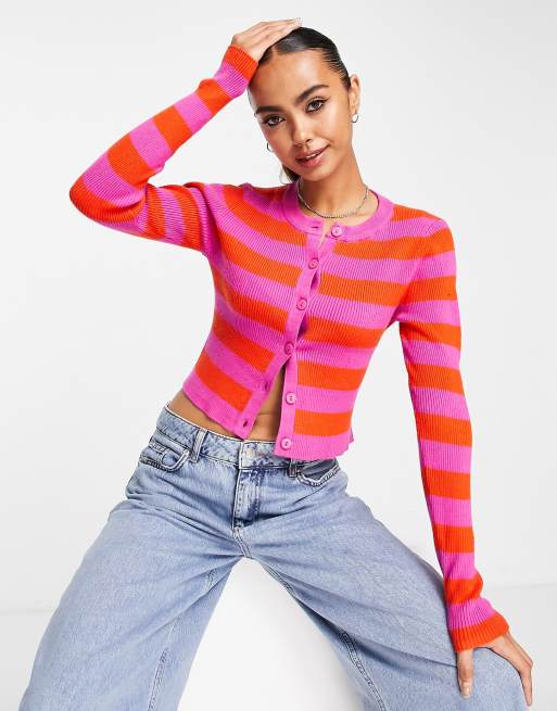 Pieces - Cardigan rosa e rosso a righe con bottoni