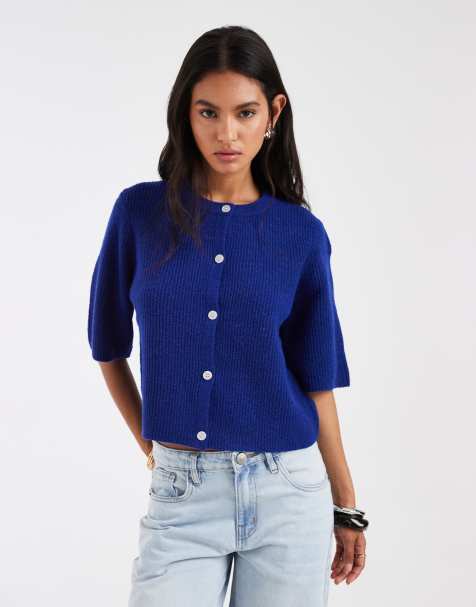Pieces - Cardigan squadrato a maniche corte blu scuro - view 1