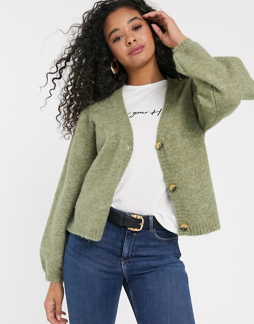 Pieces cardigan with balloon sleeves in sage green