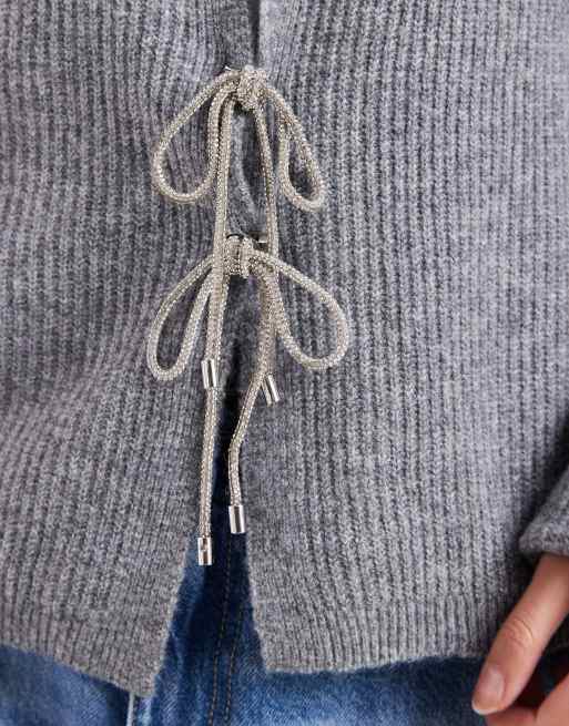 Pieces cardigan with embellished bow ties in medium gray melange, 3 of 4