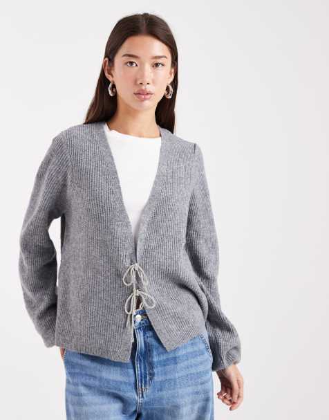 Pieces cardigan with embellished bow ties in medium grey melange - view 1