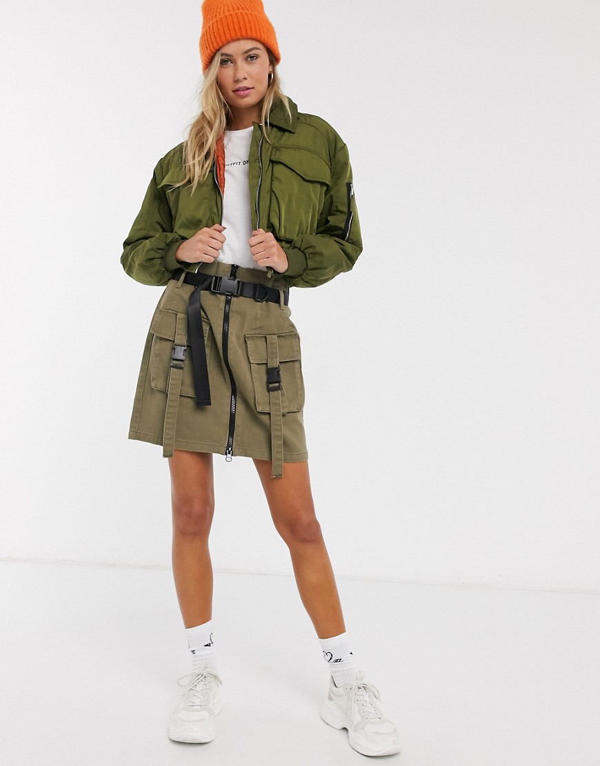 Pieces cargo skirt with buckle details in khaki-Green