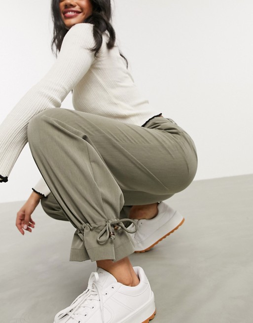 Pieces casual trousers with cuff detail in khaki